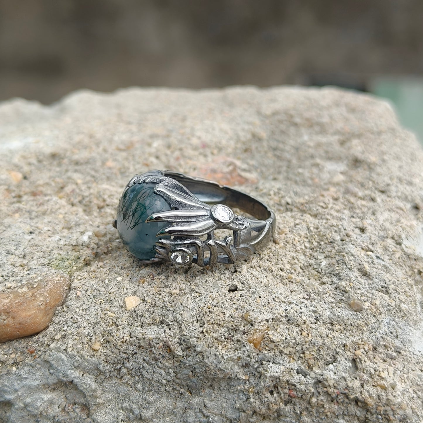 Handmade Moss Agate Ring | 925 Sterling Silver Boho Witchy Vibes