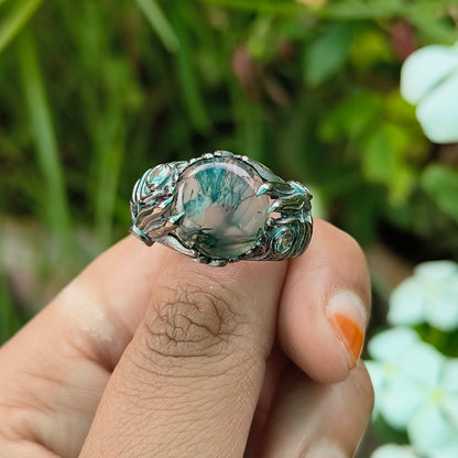 Handmade Moss Agate Ring | 925 Sterling Silver Boho Witchy Vibes