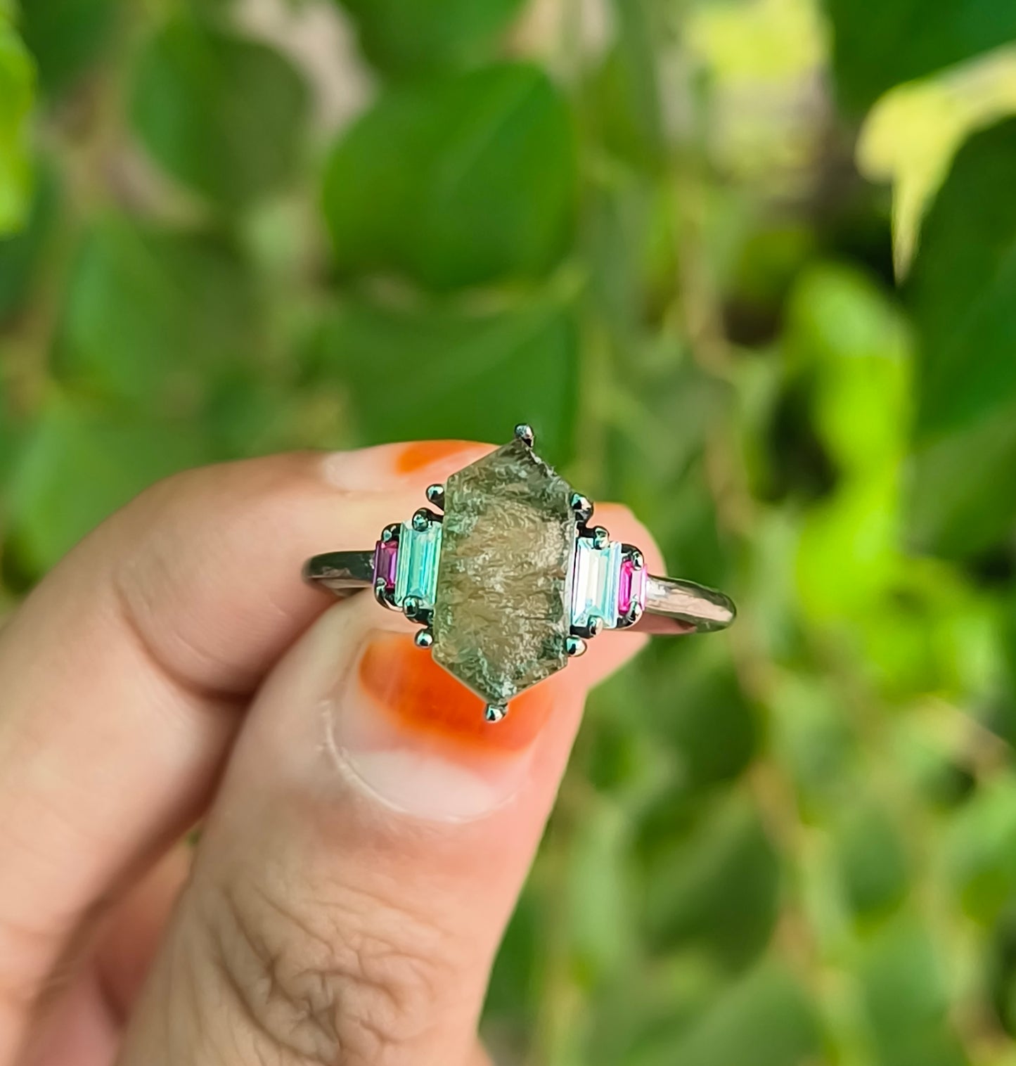 Rustic Boho Moldavite Ring | 925 Sterling Silver Antique Finish
