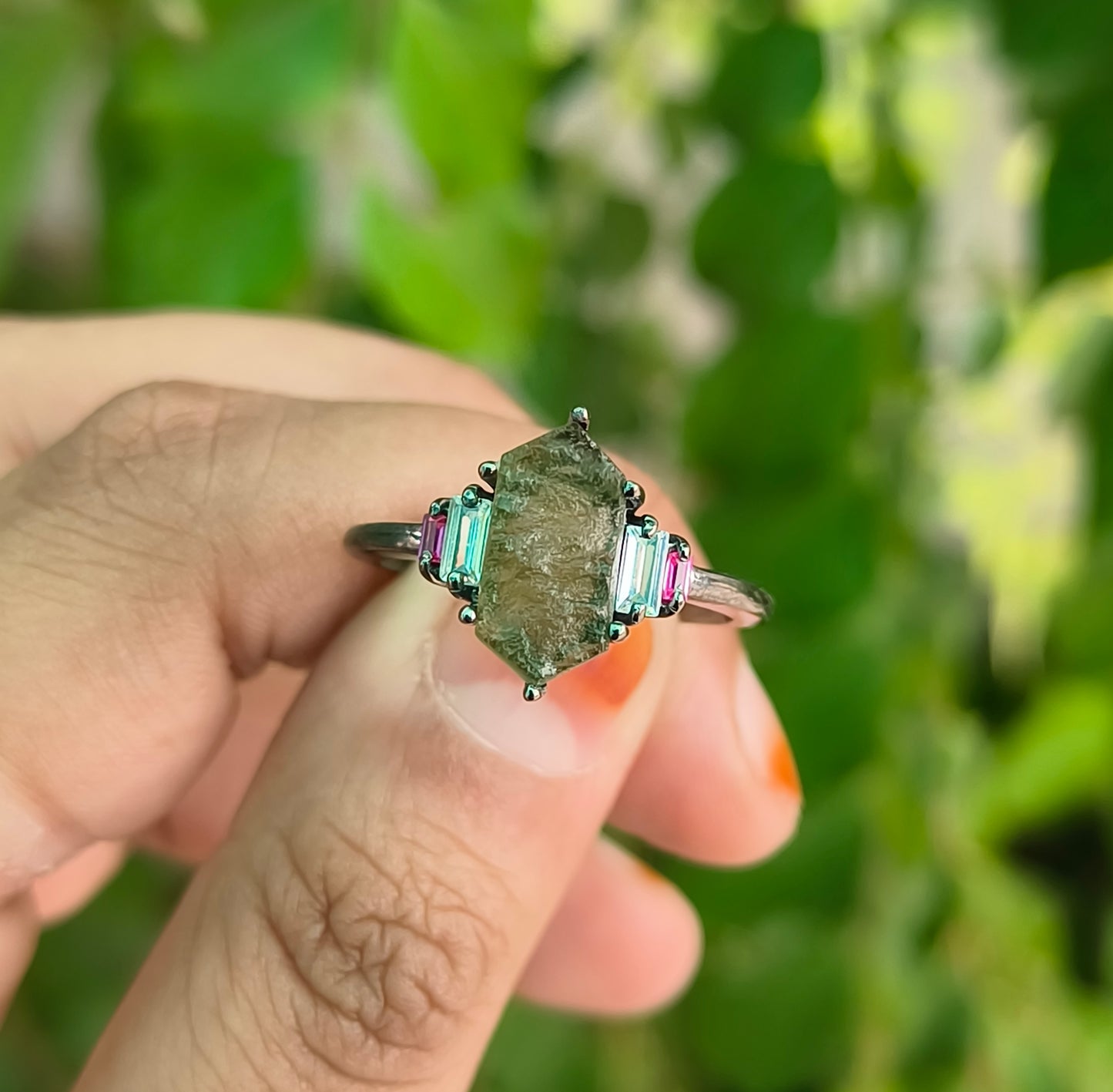 Rustic Boho Moldavite Ring | 925 Sterling Silver Antique Finish