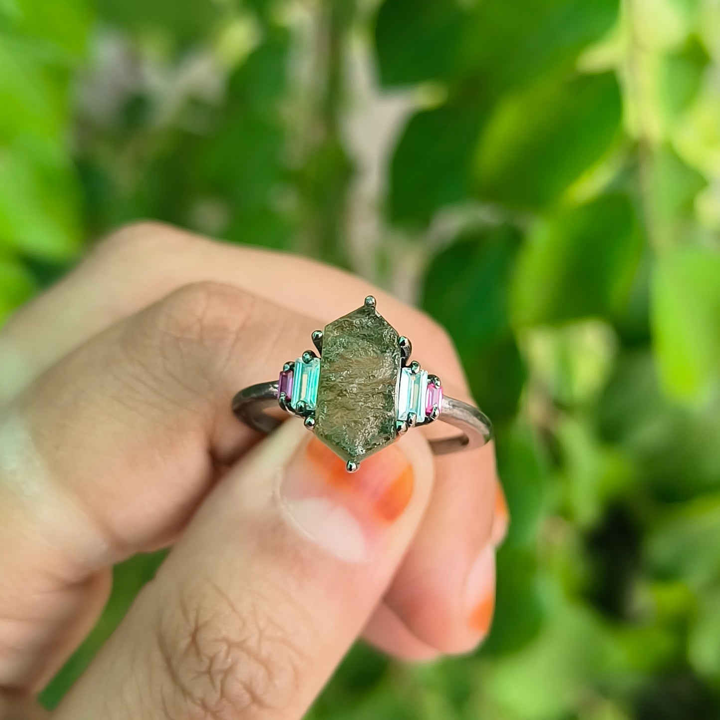 Rustic Boho Moldavite Ring | 925 Sterling Silver Antique Finish