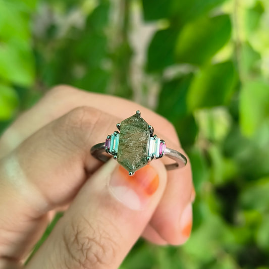 Rustic Boho Moldavite Ring | 925 Sterling Silver Antique Finish