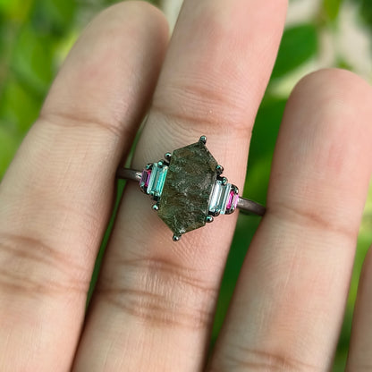 Rustic Boho Moldavite Ring | 925 Sterling Silver Antique Finish