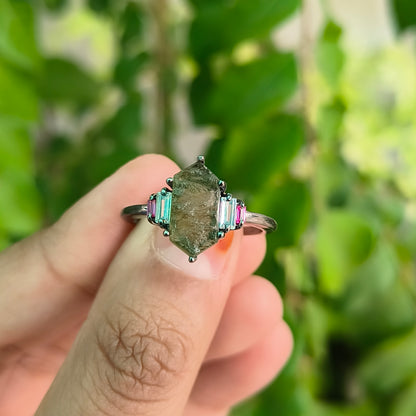 Rustic Boho Moldavite Ring | 925 Sterling Silver Antique Finish