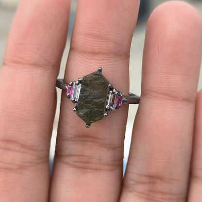 Rustic Boho Moldavite Ring | 925 Sterling Silver Antique Finish