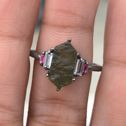 Rustic Boho Moldavite Ring | 925 Sterling Silver Antique Finish