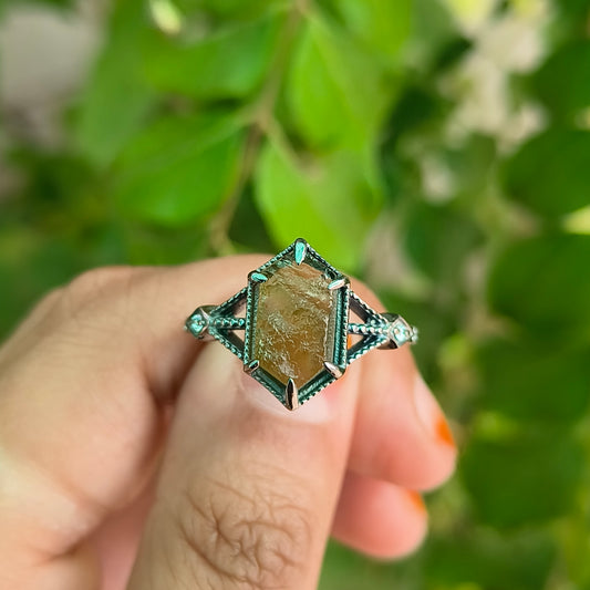 Women’s Raw Moldavite Ring | 925 Sterling Silver Boho Jewelry