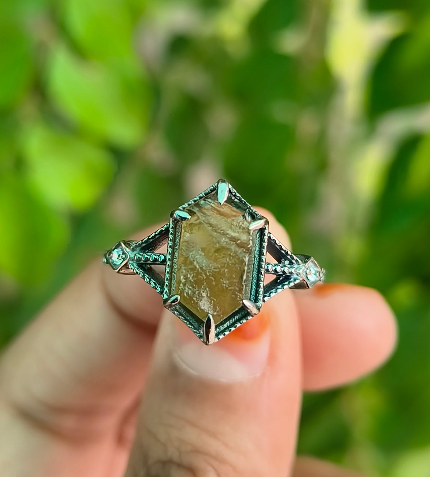 Women’s Raw Moldavite Ring | 925 Sterling Silver Boho Jewelry