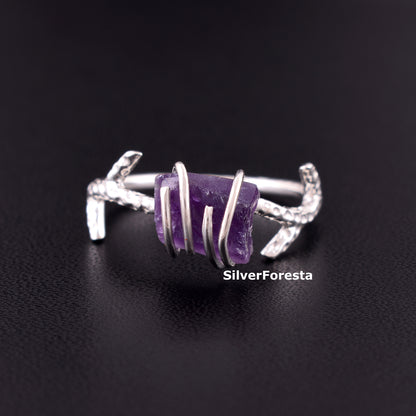 Raw Amethyst Raw Ring in 925 Sterling Silver - SilverForestaa