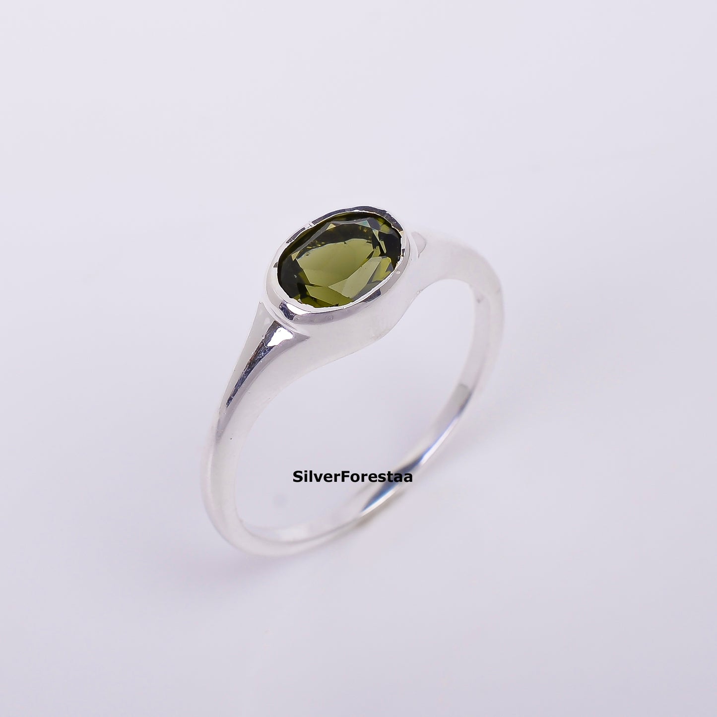 Men's 925 Silver Cut Faceted Moldavite Wedding Ring