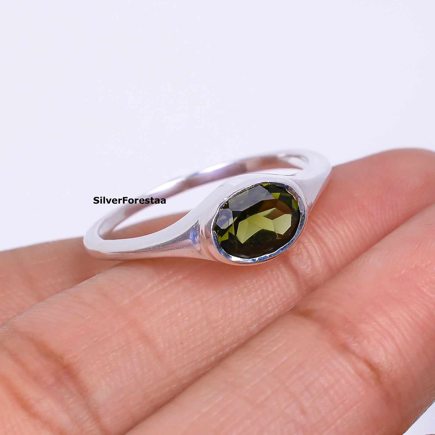 Men's 925 Silver Cut Faceted Moldavite Wedding Ring