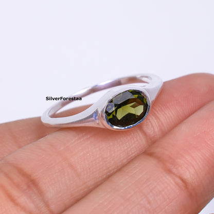 Men's 925 Silver Cut Faceted Moldavite Wedding Ring