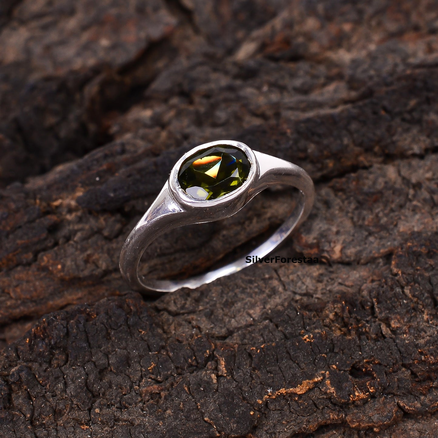 Men's 925 Silver Cut Faceted Moldavite Wedding Ring