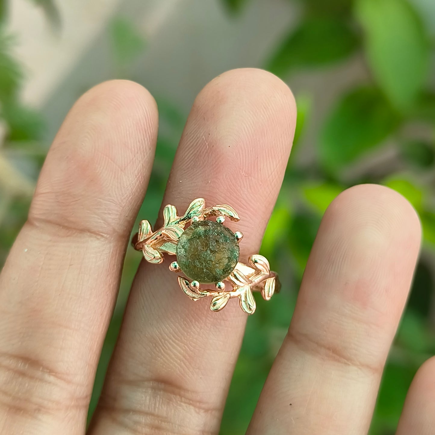 Witchy Leaf Twig Moldavite Ring 925 Silver - SilverForestaa