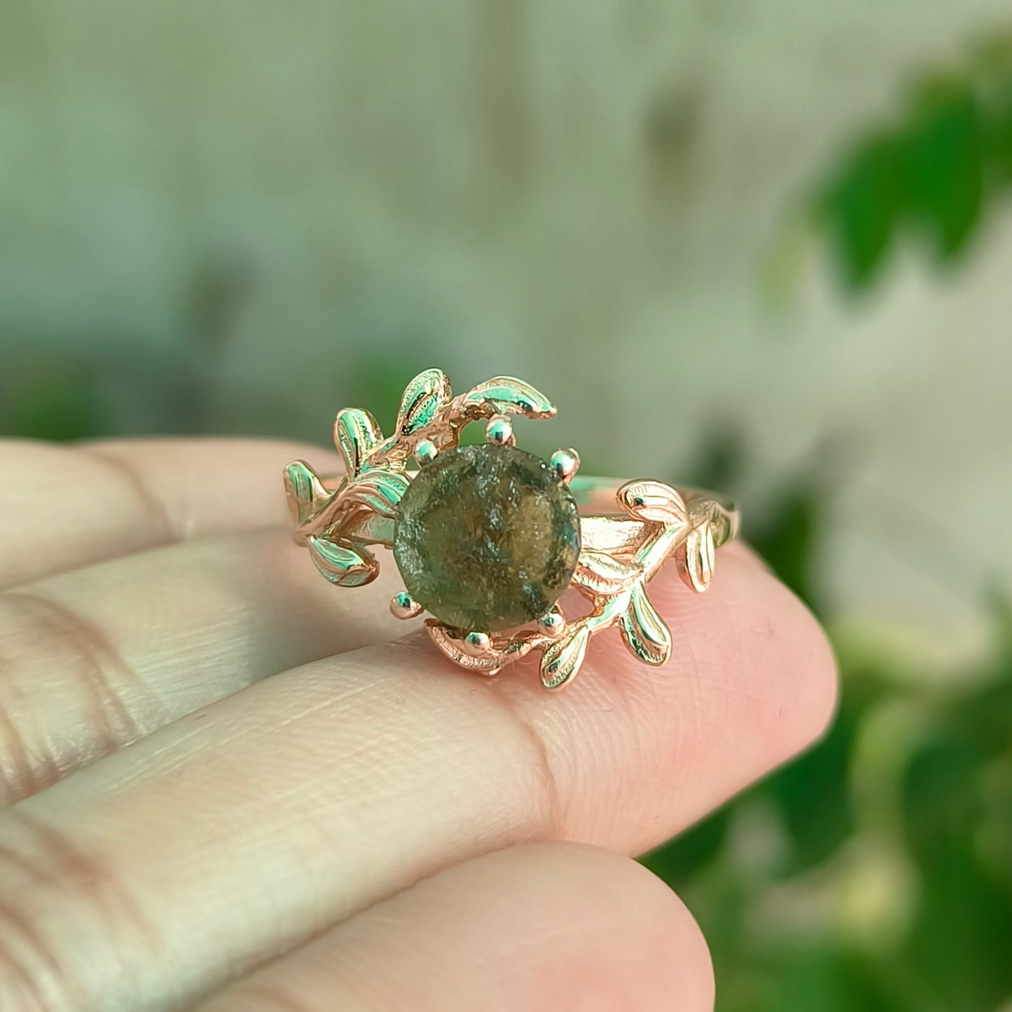 Witchy Leaf Twig Moldavite Ring 925 Silver - SilverForestaa