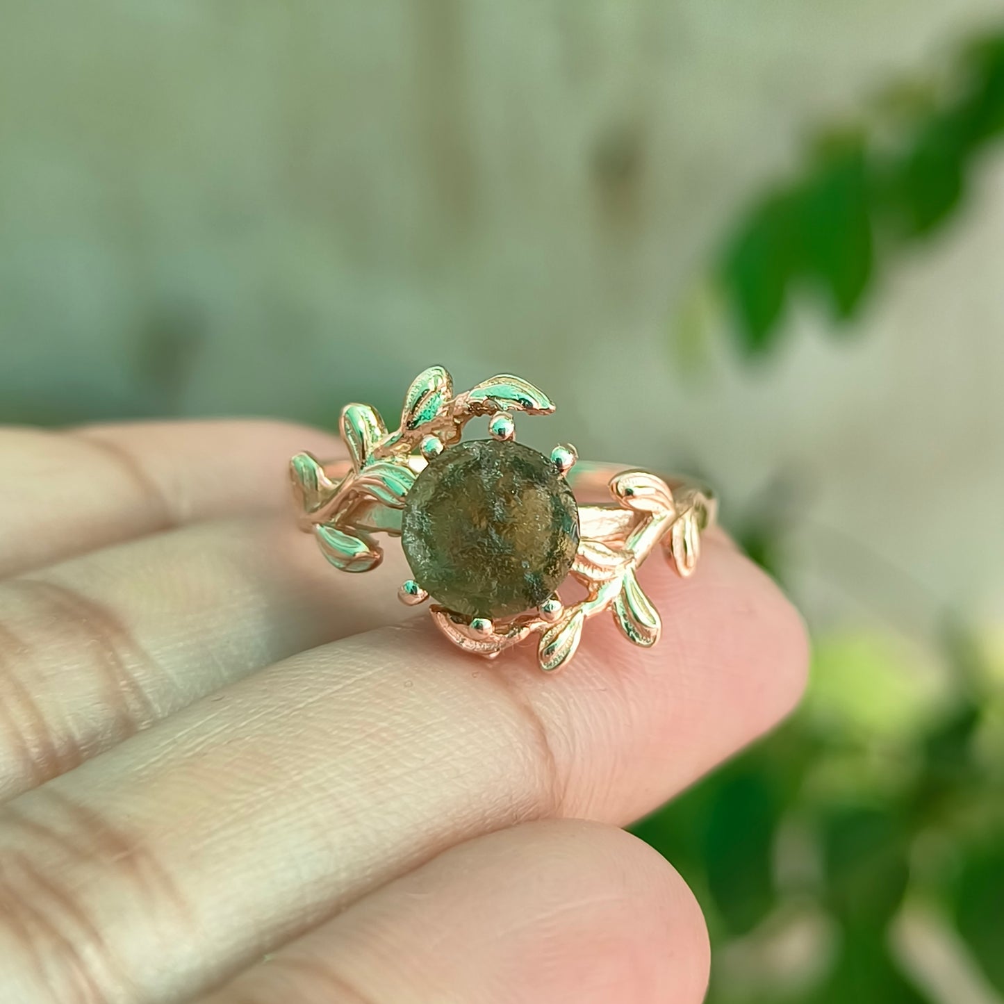 Witchy Leaf Twig Moldavite Ring 925 Silver - SilverForestaa
