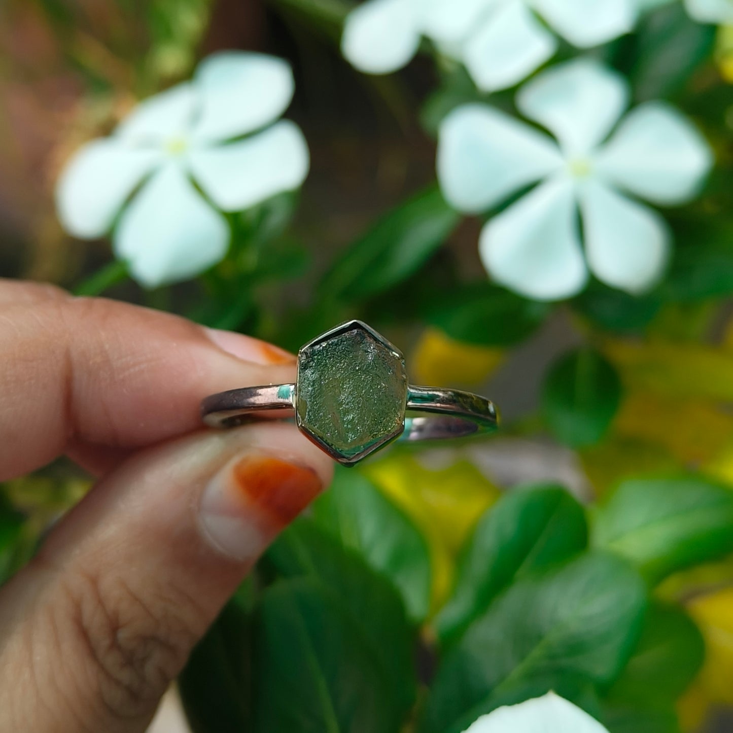 Unique Raw Moldavite Engagement Ring Sterling Silver