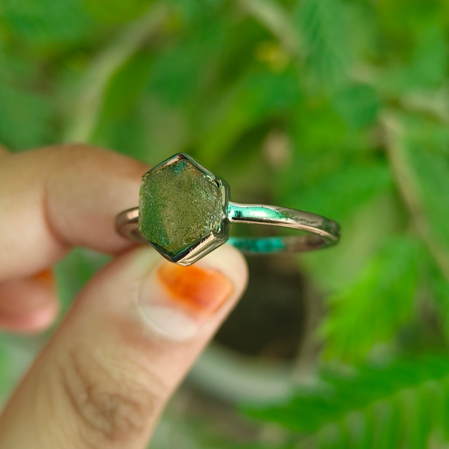 Unique Raw Moldavite Engagement Ring Sterling Silver