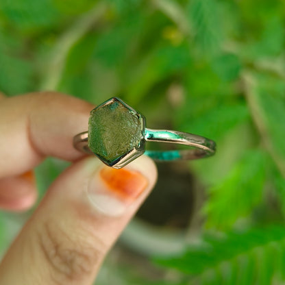Unique Raw Moldavite Engagement Ring Sterling Silver