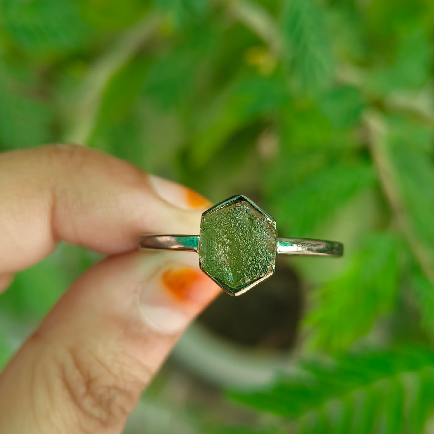 Unique Raw Moldavite Engagement Ring Sterling Silver