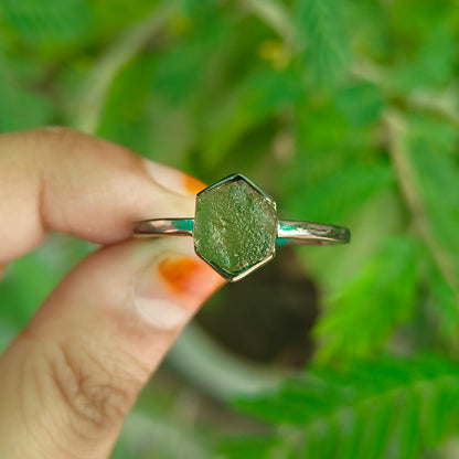 Unique Raw Moldavite Engagement Ring Sterling Silver