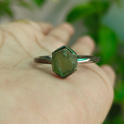 Unique Raw Moldavite Engagement Ring Sterling Silver