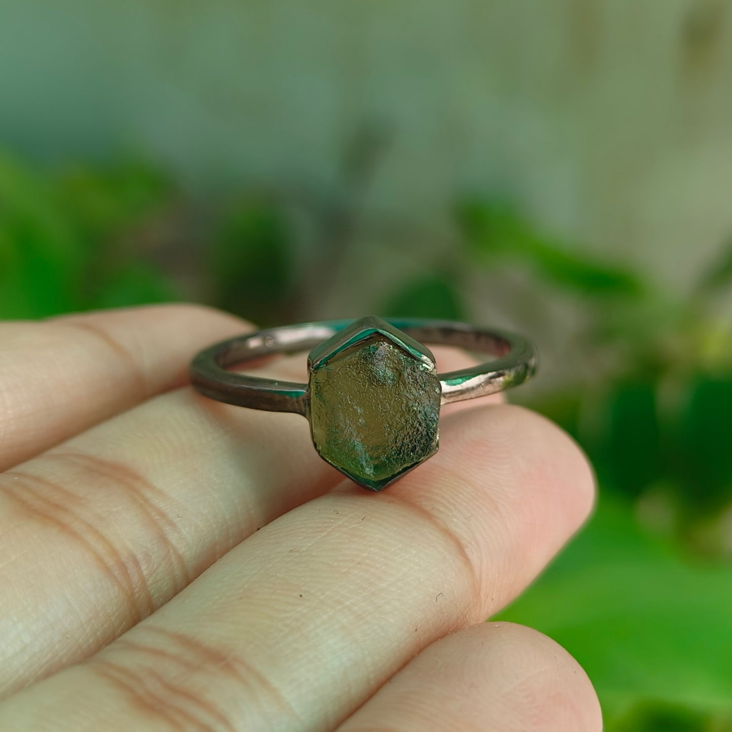 Unique Raw Moldavite Engagement Ring Sterling Silver
