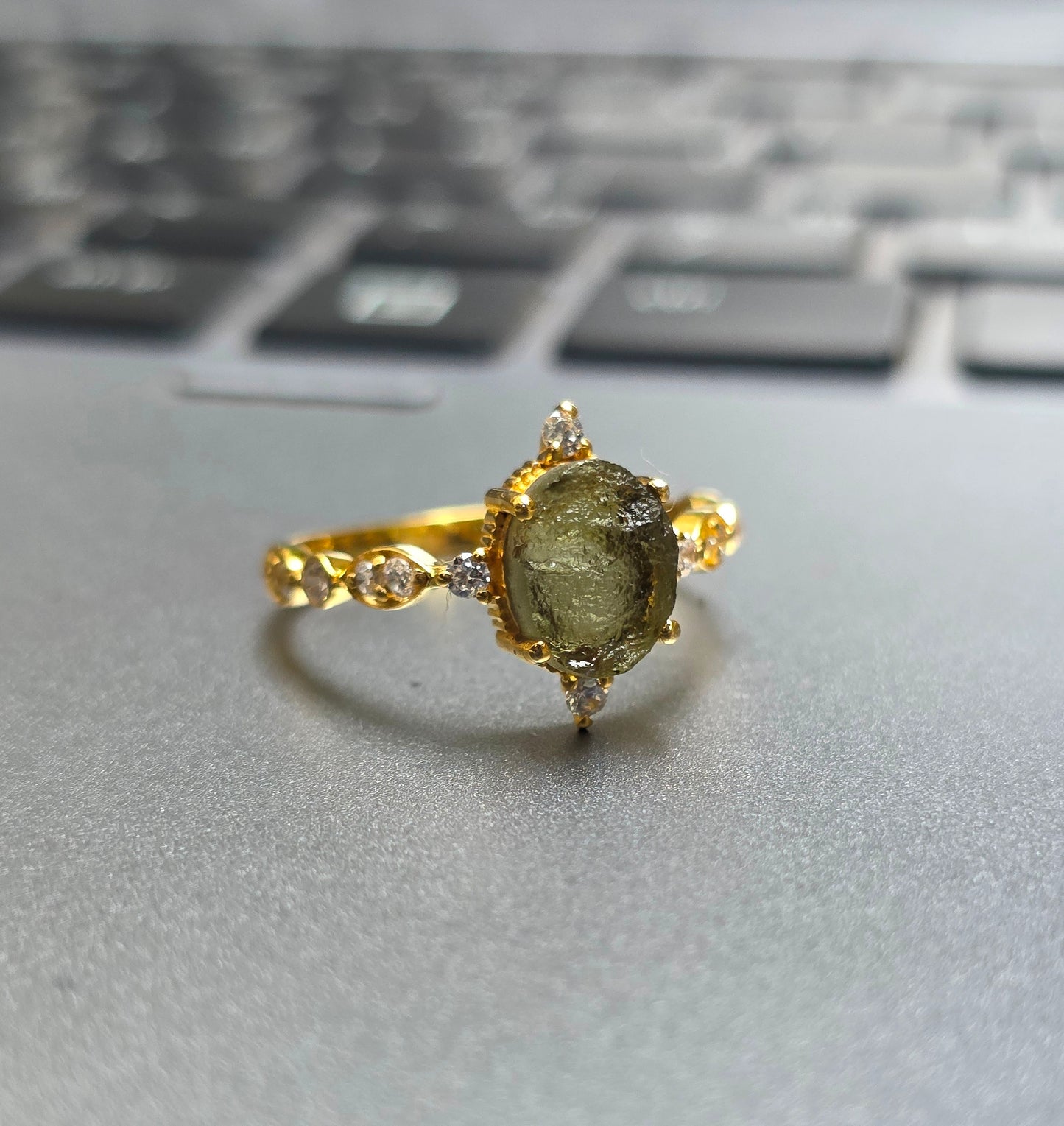 925 Sterling Silver Raw Moldavite Engagement Ring