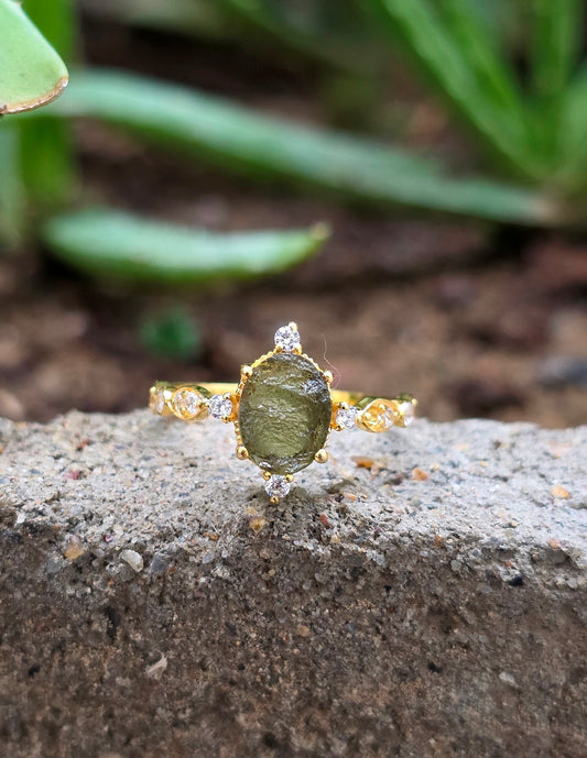 925 Sterling Silver Raw Moldavite Engagement Ring
