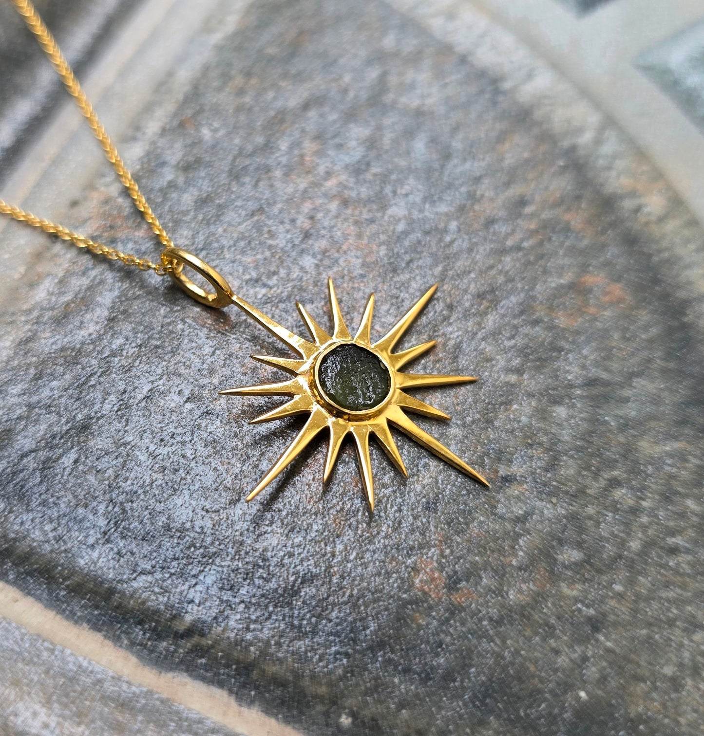 925 Silver Raw Sunburst Moldavite Pendant - SilverForestaa