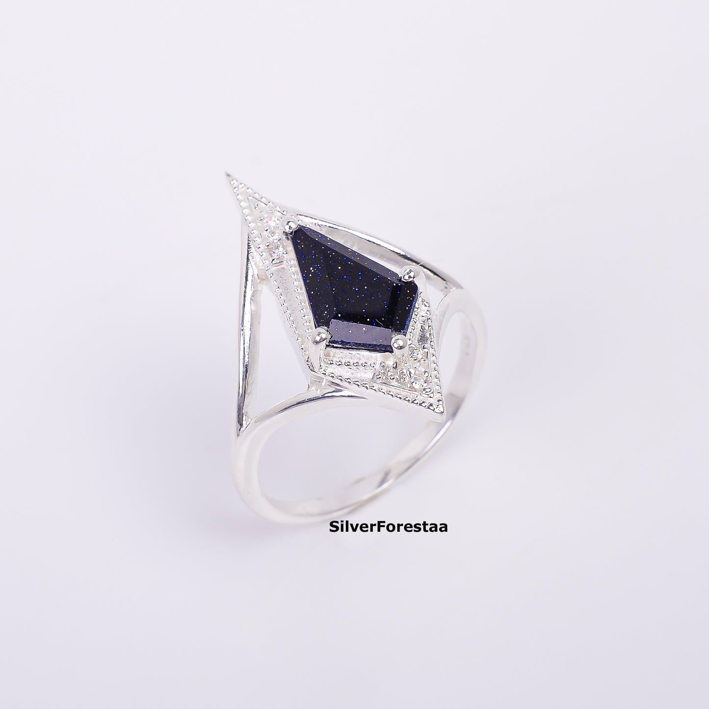 925 Silver Blue Sandstone Kite Shape Boho Ring