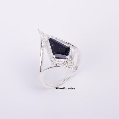925 Silver Blue Sandstone Kite Shape Boho Ring