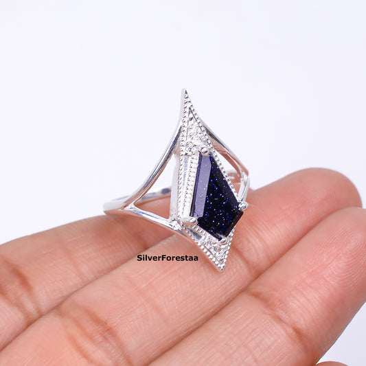 925 Silver Blue Sandstone Kite Shape Boho Ring