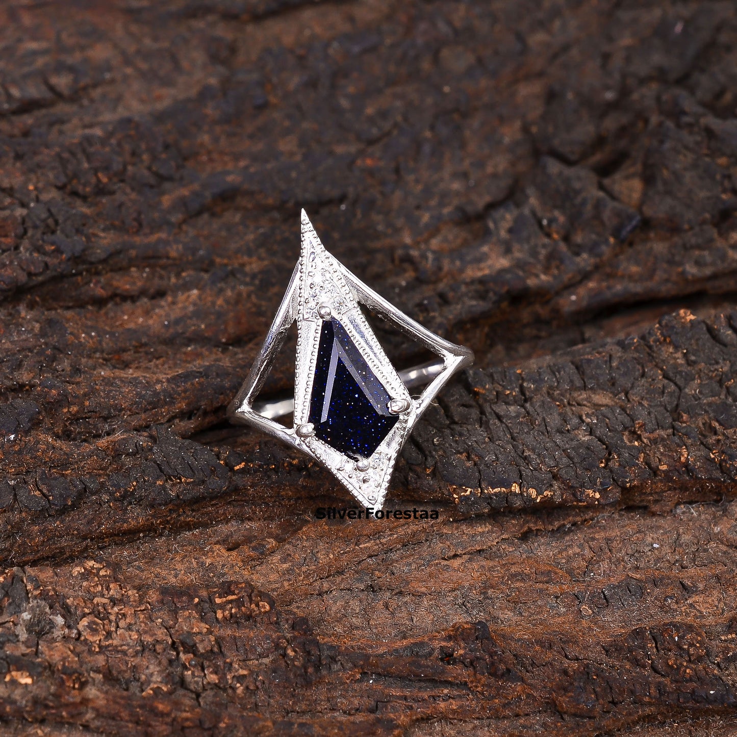 925 Silver Blue Sandstone Kite Shape Boho Ring