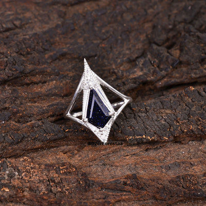 925 Silver Blue Sandstone Kite Shape Boho Ring
