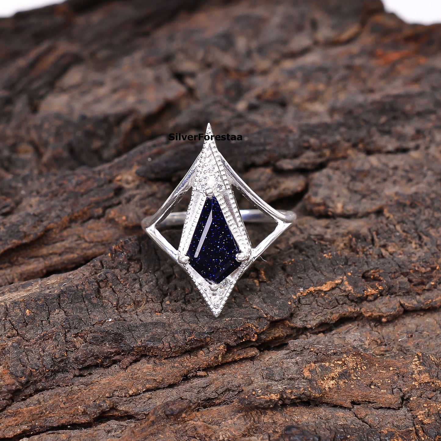 925 Silver Blue Sandstone Kite Shape Boho Ring
