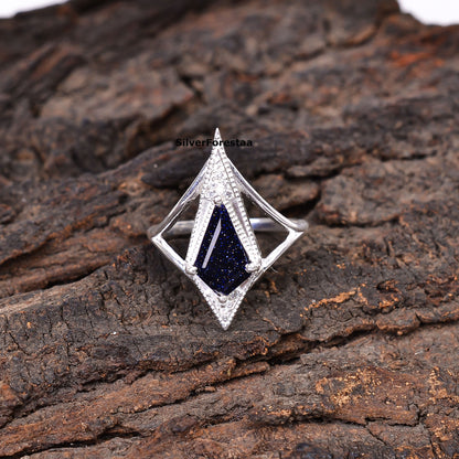 925 Silver Blue Sandstone Kite Shape Boho Ring