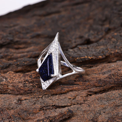 925 Silver Blue Sandstone Kite Shape Boho Ring