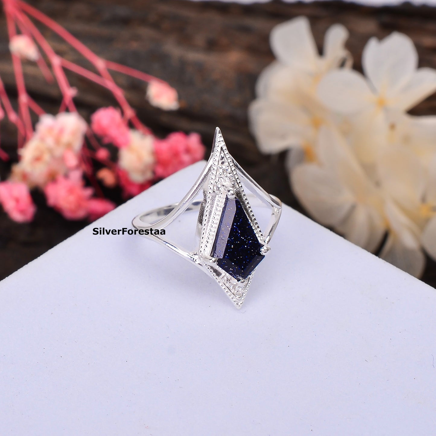 925 Silver Blue Sandstone Kite Shape Boho Ring