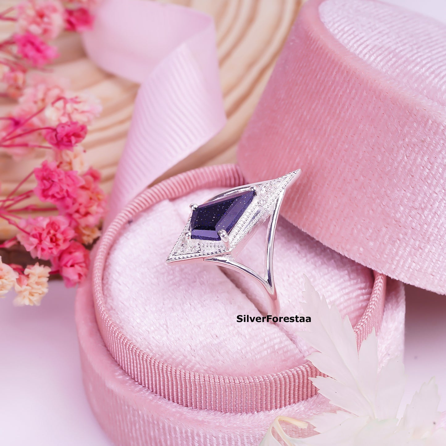 925 Silver Blue Sandstone Kite Shape Boho Ring