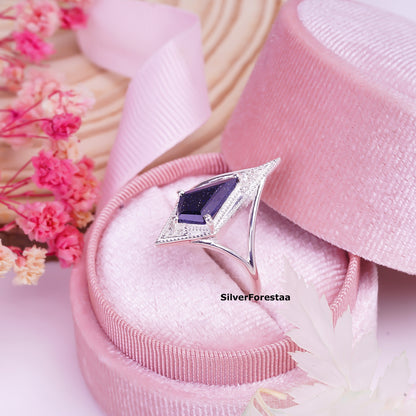 925 Silver Blue Sandstone Kite Shape Boho Ring