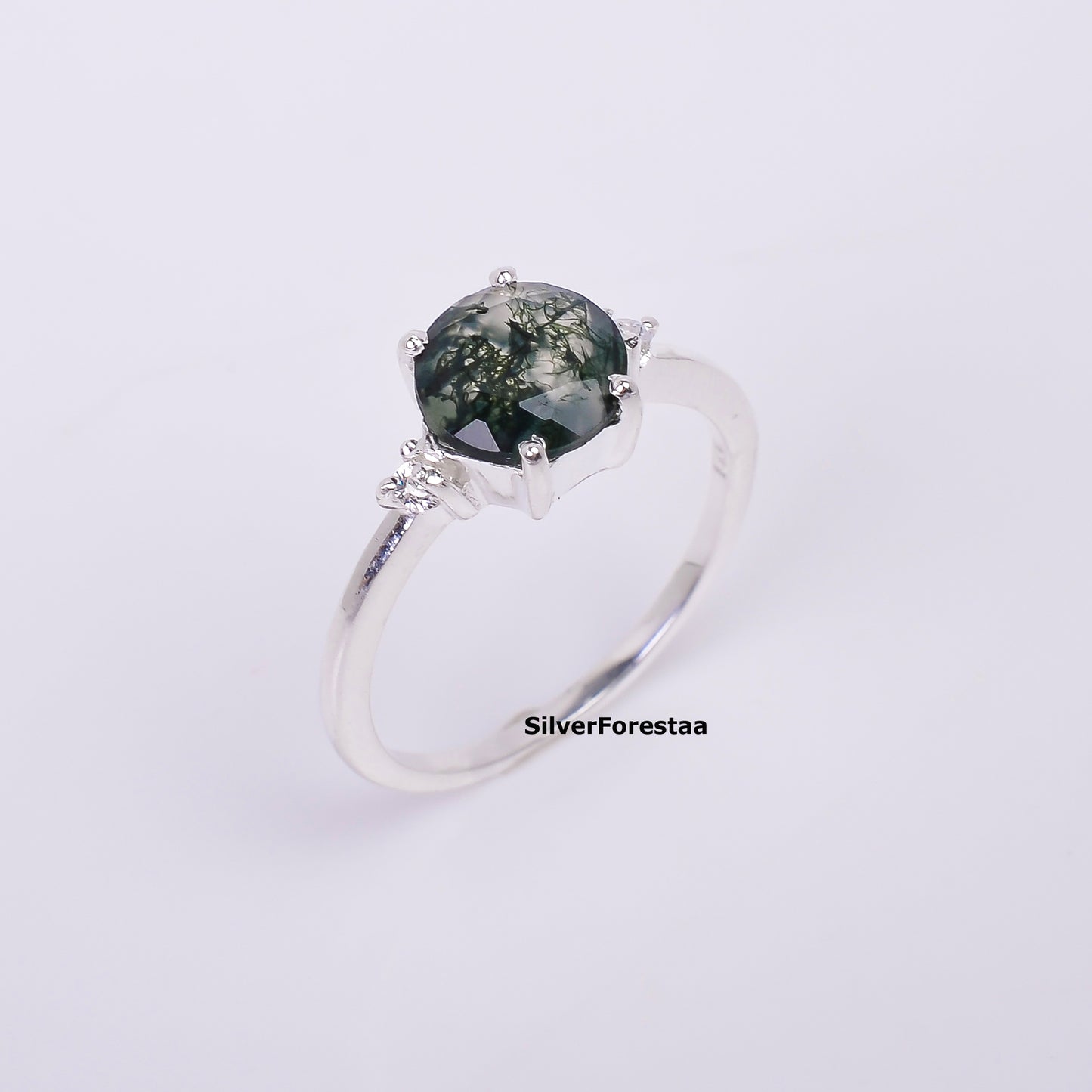 Round Cut Moss Agate Ring | Handmade Jewelry I SilverForestaa
