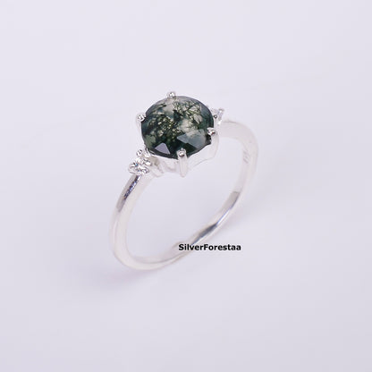 Round Cut Moss Agate Ring | Handmade Jewelry I SilverForestaa