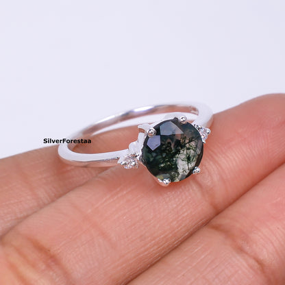 Round Cut Moss Agate Ring | Handmade Jewelry I SilverForestaa