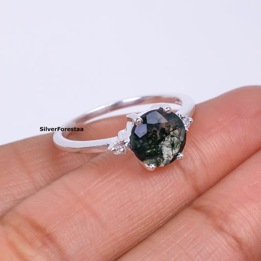 Round Cut Moss Agate Ring | Handmade Jewelry I SilverForestaa