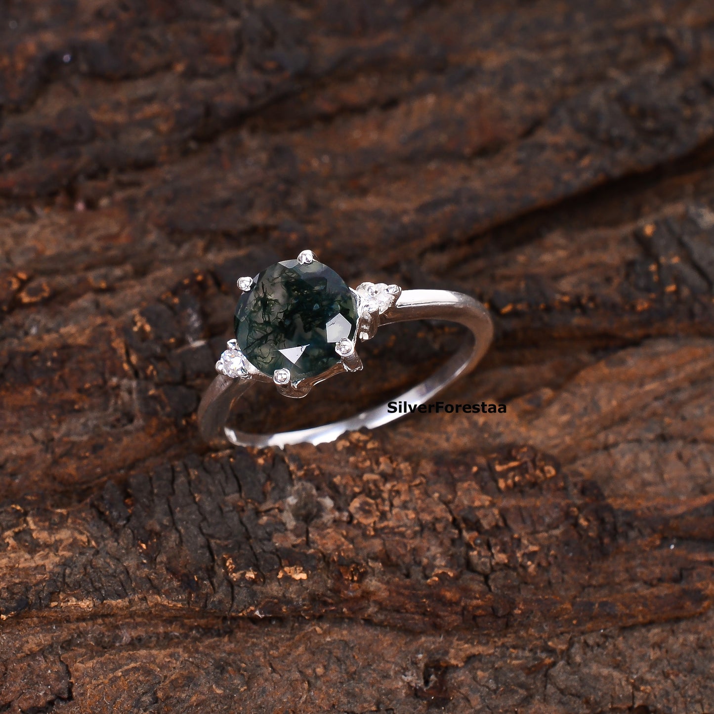 Round Cut Moss Agate Ring | Handmade Jewelry I SilverForestaa