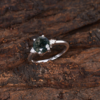 Round Cut Moss Agate Ring | Handmade Jewelry I SilverForestaa