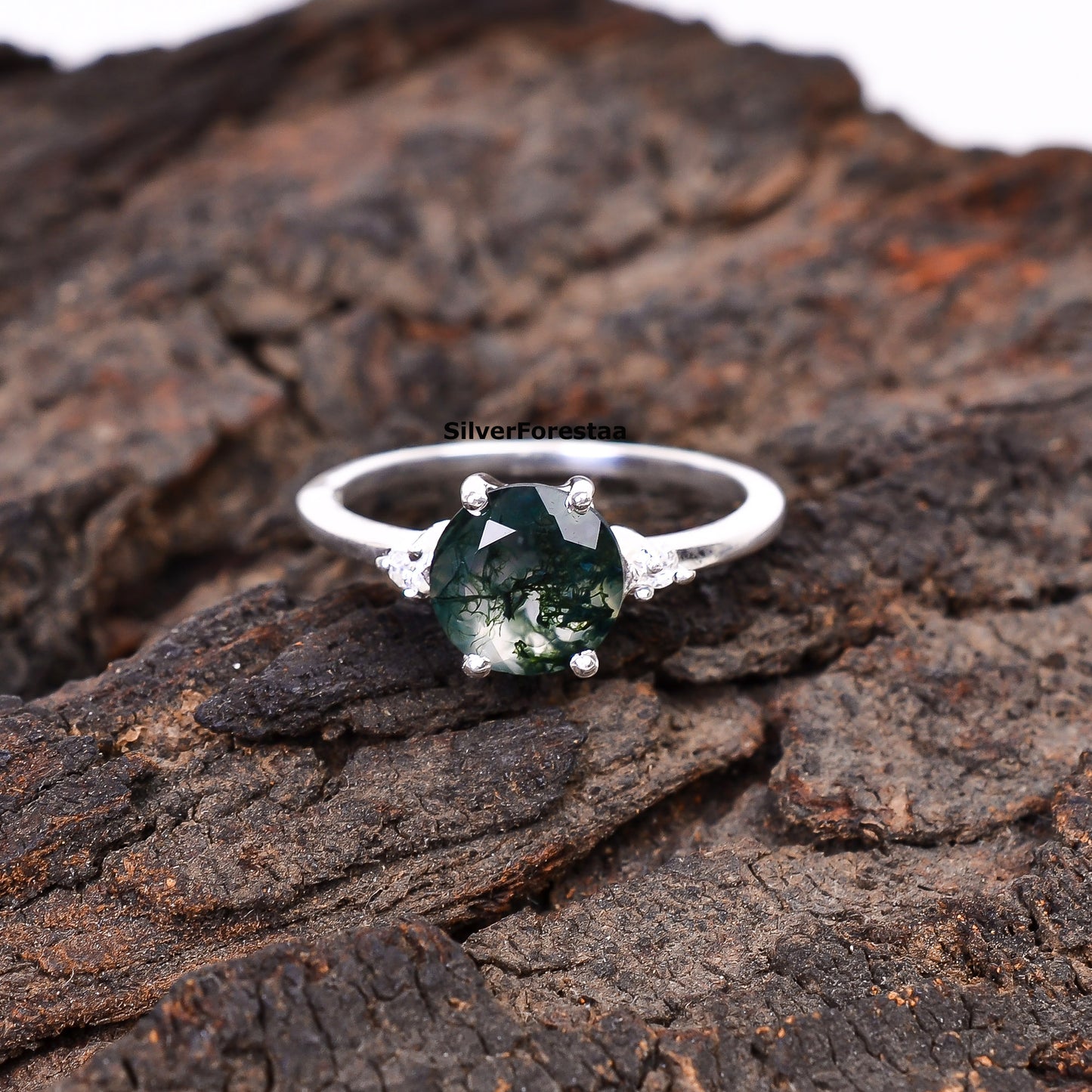 Round Cut Moss Agate Ring | Handmade Jewelry I SilverForestaa