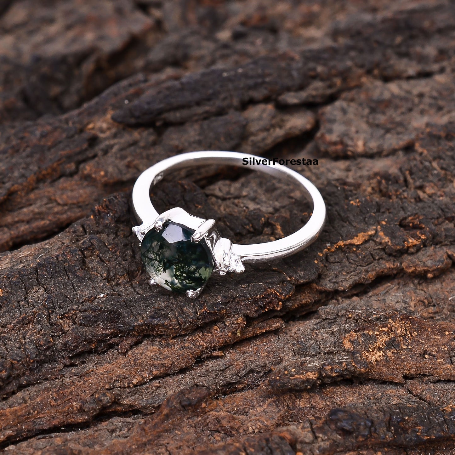 Round Cut Moss Agate Ring | Handmade Jewelry I SilverForestaa