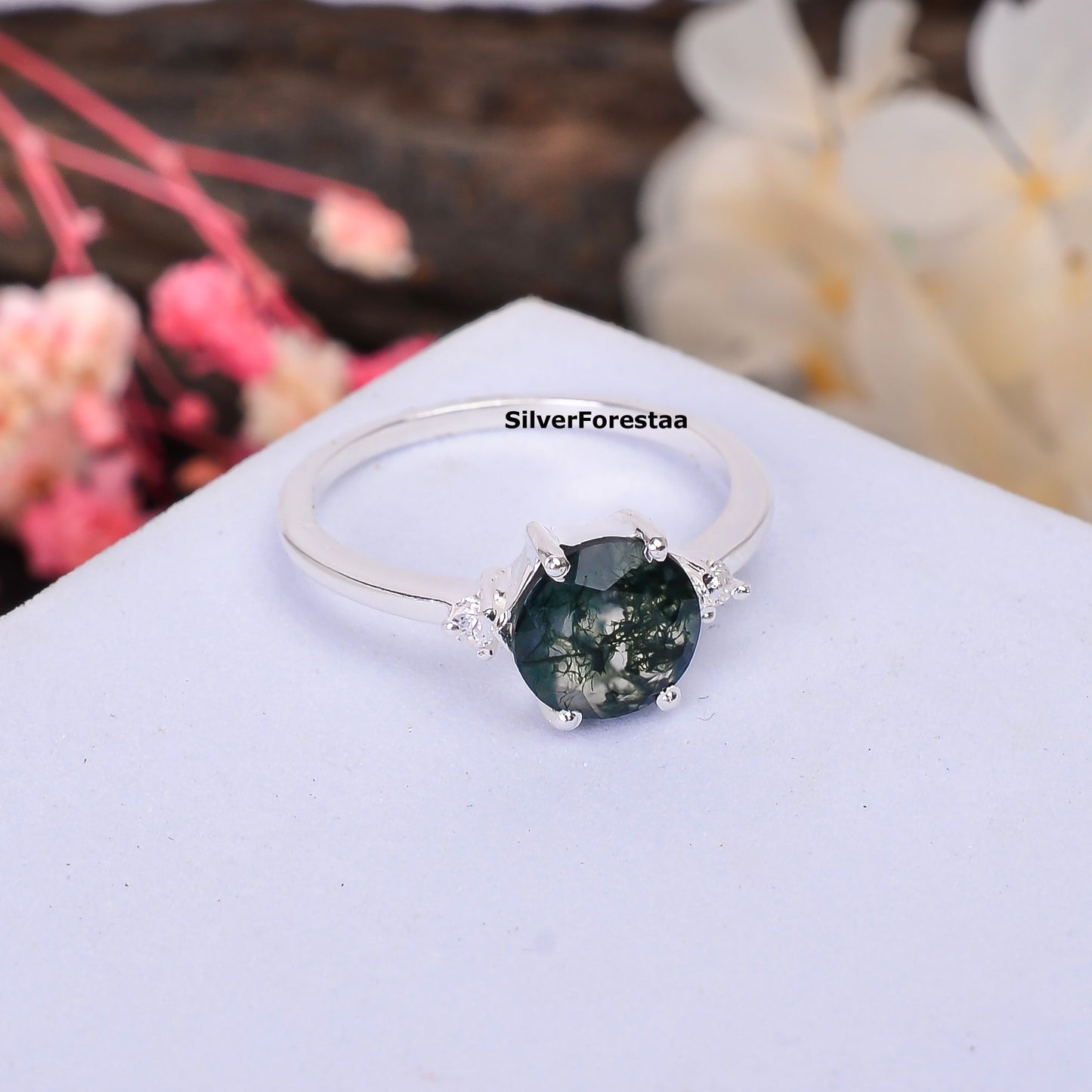 Round Cut Moss Agate Ring | Handmade Jewelry I SilverForestaa